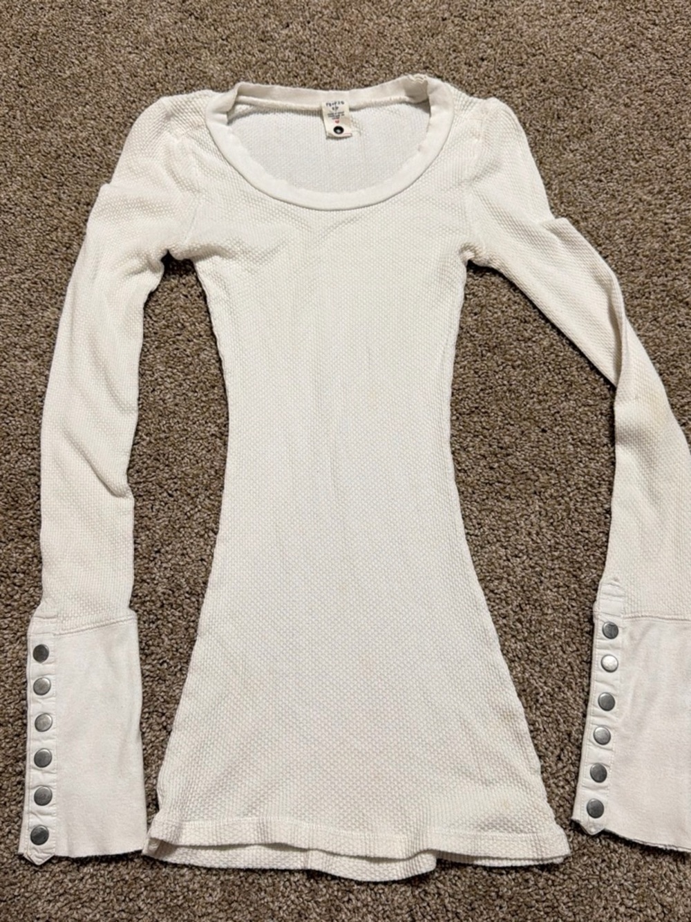 Free People Ivory Thermal Scoop Neck Long Sleeve Top with Button Cuffs